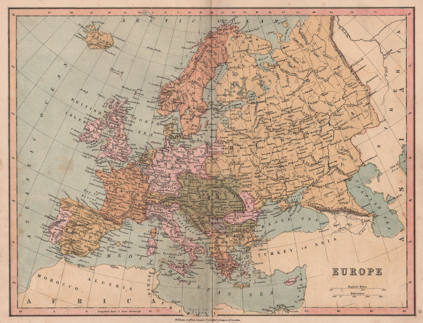 EUROPE. Political. United Germany marked as Prussia. COLLINS 1880 old map